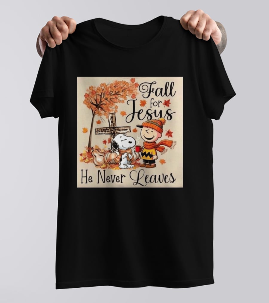 Charlie Brown Snoopy Fall For Jesus He Never Leaves Autumn Scene T-Shirt