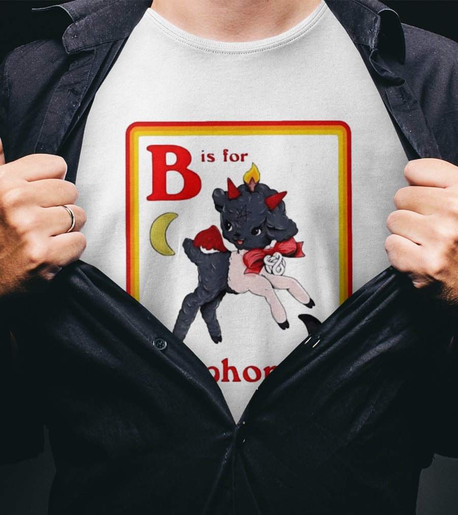 B Is For Baphomet Cartoon Baby Goat Pentacle Moon Horns Flame T-Shirt