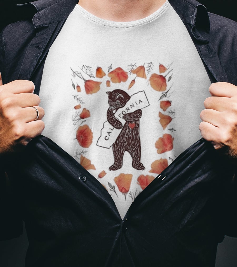 California Bear Hug With State Map And Poppies T-Shirt