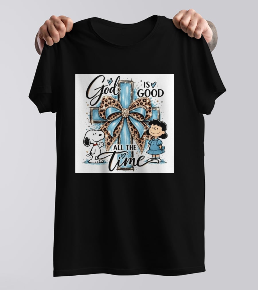 Snoopy And Lucy God Is Good All The Time Blue Cross And Leopard Bow T-Shirt