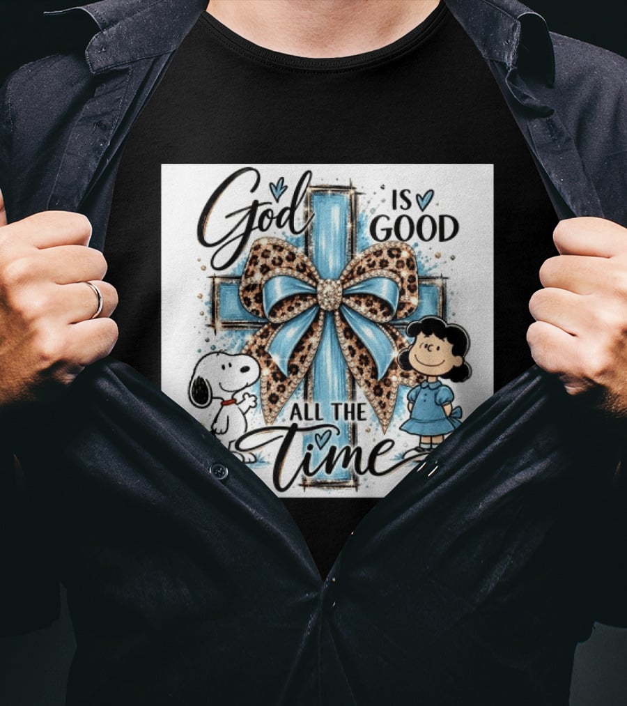 Snoopy And Lucy God Is Good All The Time Blue Cross And Leopard Bow T-Shirt
