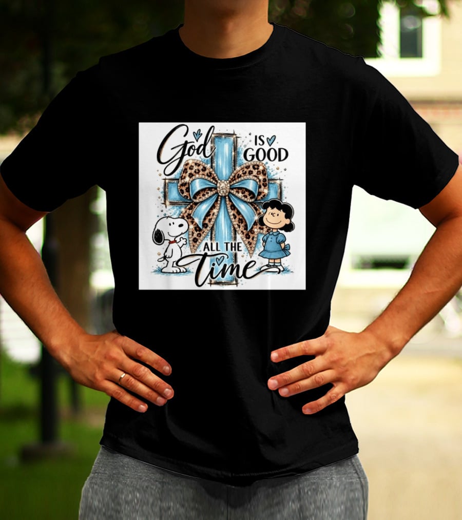 Snoopy And Lucy God Is Good All The Time Blue Cross And Leopard Bow T-Shirt