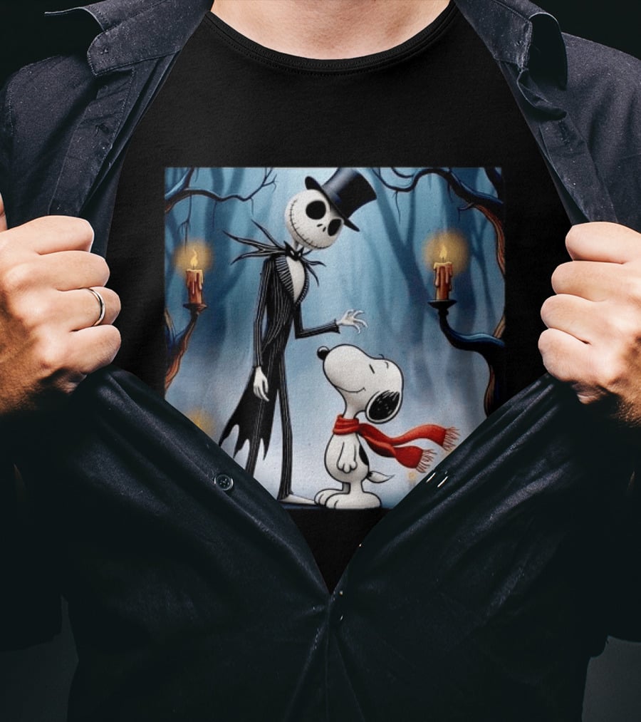 The Nightmare Before Christmas Jack Skellington And Snoopy Candles In Haunted Forest T-Shirt