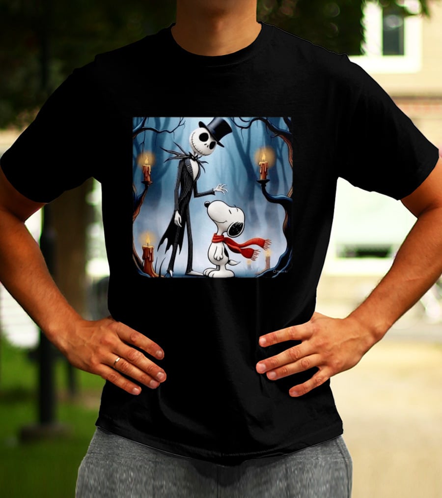 The Nightmare Before Christmas Jack Skellington And Snoopy Candles In Haunted Forest T-Shirt