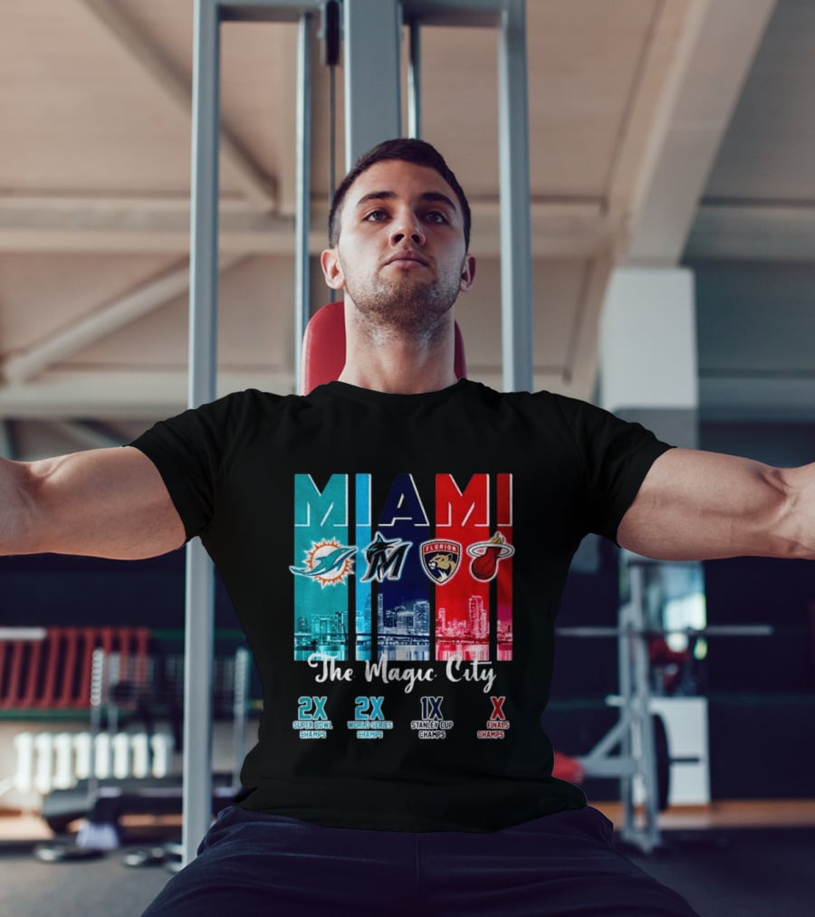 MIAMI The Magic City Dolphins Marlins Panthers Heat Champs T-Shirt