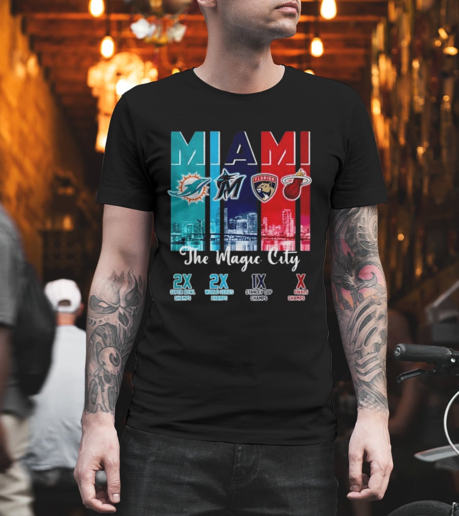MIAMI The Magic City Dolphins Marlins Panthers Heat Champs T-Shirt