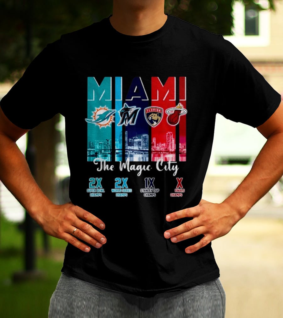 MIAMI The Magic City Dolphins Marlins Panthers Heat Champs T-Shirt