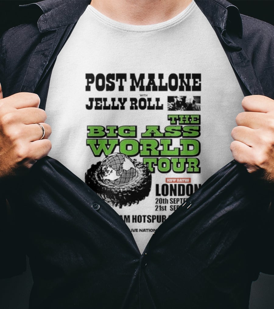 Post Malone Jelly Roll Live Nation The Big Ass World Tour London Tottenham Hotspur Stadium 2023 T-Shirt