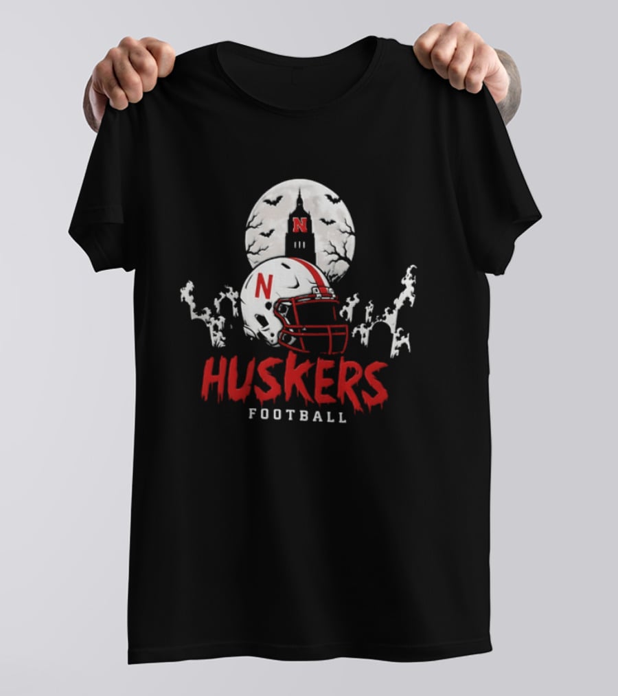 Nebraska Huskers Football Halloween Spooky Helmet Bats Moon 2026 T-Shirt