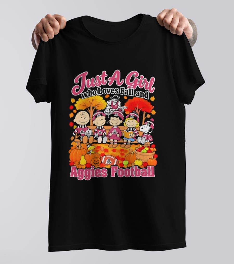 Just A Girl Who Loves Fall And Aggies Football With Charlie Brown And Snoopy T-Shirt