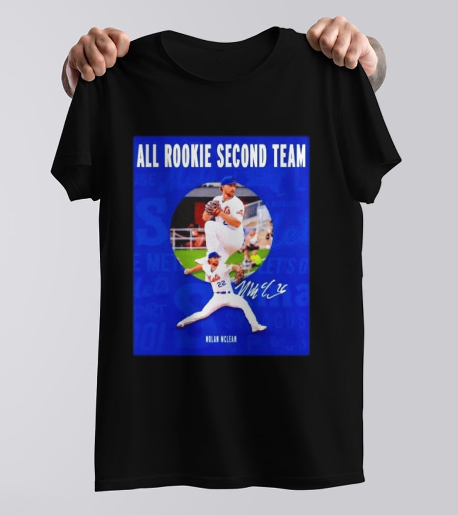 Nolan McLean No 22 Mets All Rookie Second Team Signature Pitching Action T-Shirt