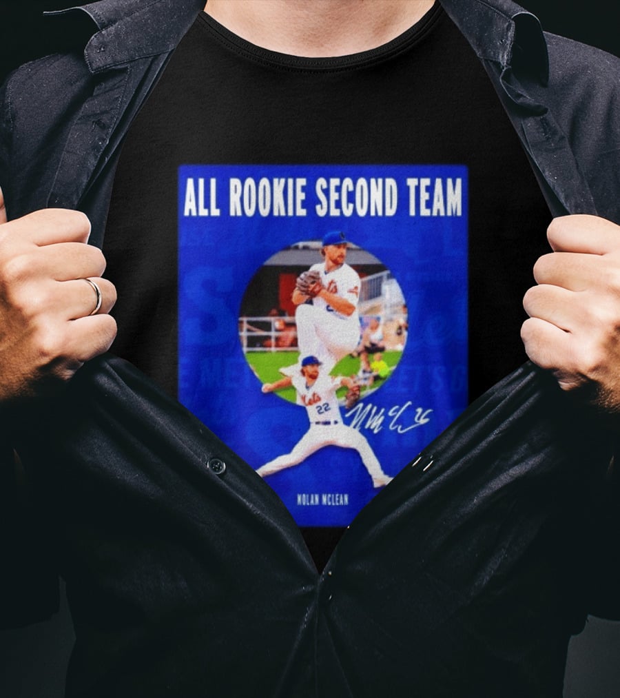 Nolan McLean No 22 Mets All Rookie Second Team Signature Pitching Action T-Shirt