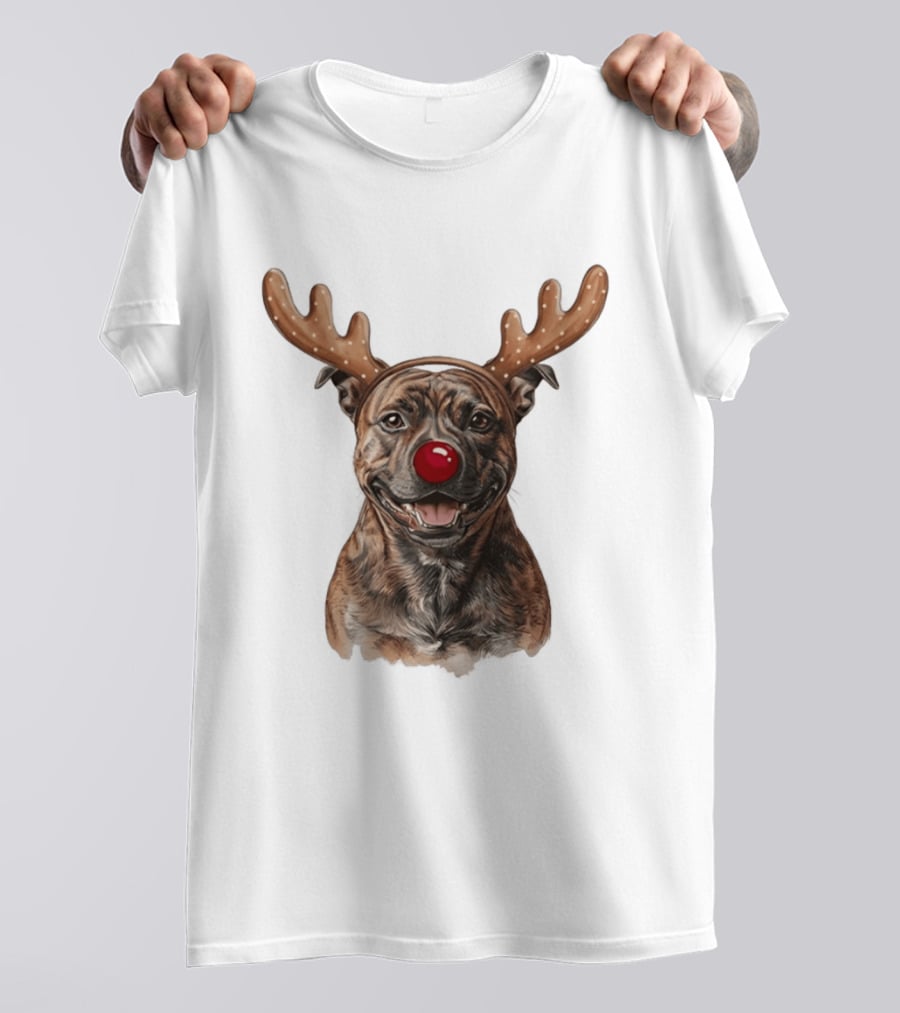 Brindle Pit Bull With Reindeer Antlers And Red Nose T-Shirt