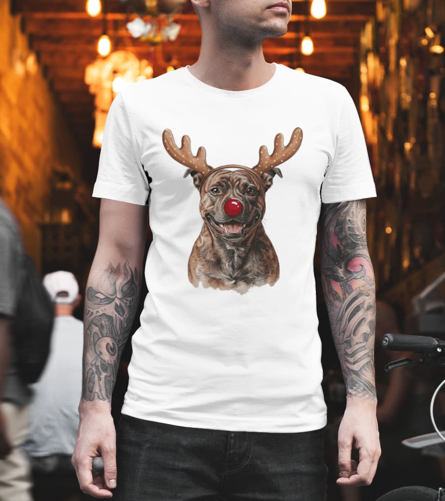 Brindle Pit Bull With Reindeer Antlers And Red Nose T-Shirt