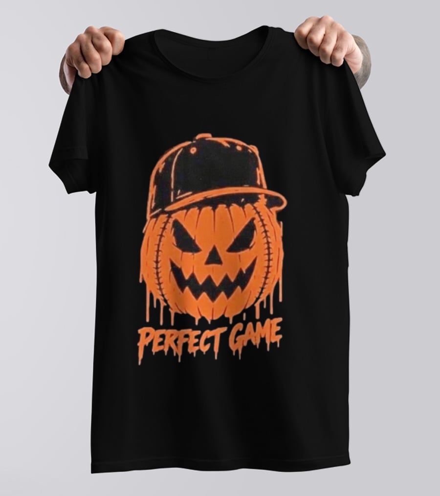 Perfect Game Halloween Pumpkin Baseball Hat Creepy Face T-Shirt