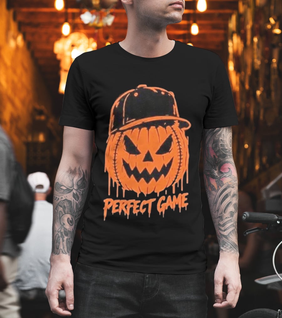 Perfect Game Halloween Pumpkin Baseball Hat Creepy Face T-Shirt