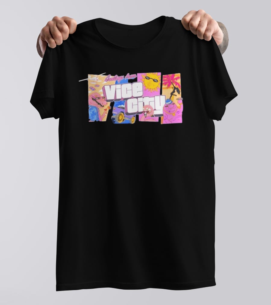 Greetings From Vice City Collage Florida Retro Fun Tropical Vibes T-Shirt