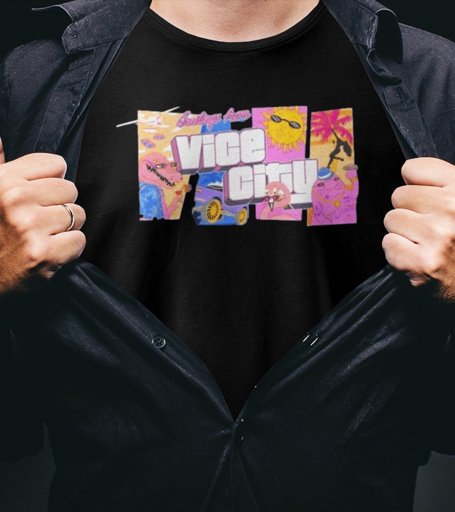 Greetings From Vice City Collage Florida Retro Fun Tropical Vibes T-Shirt