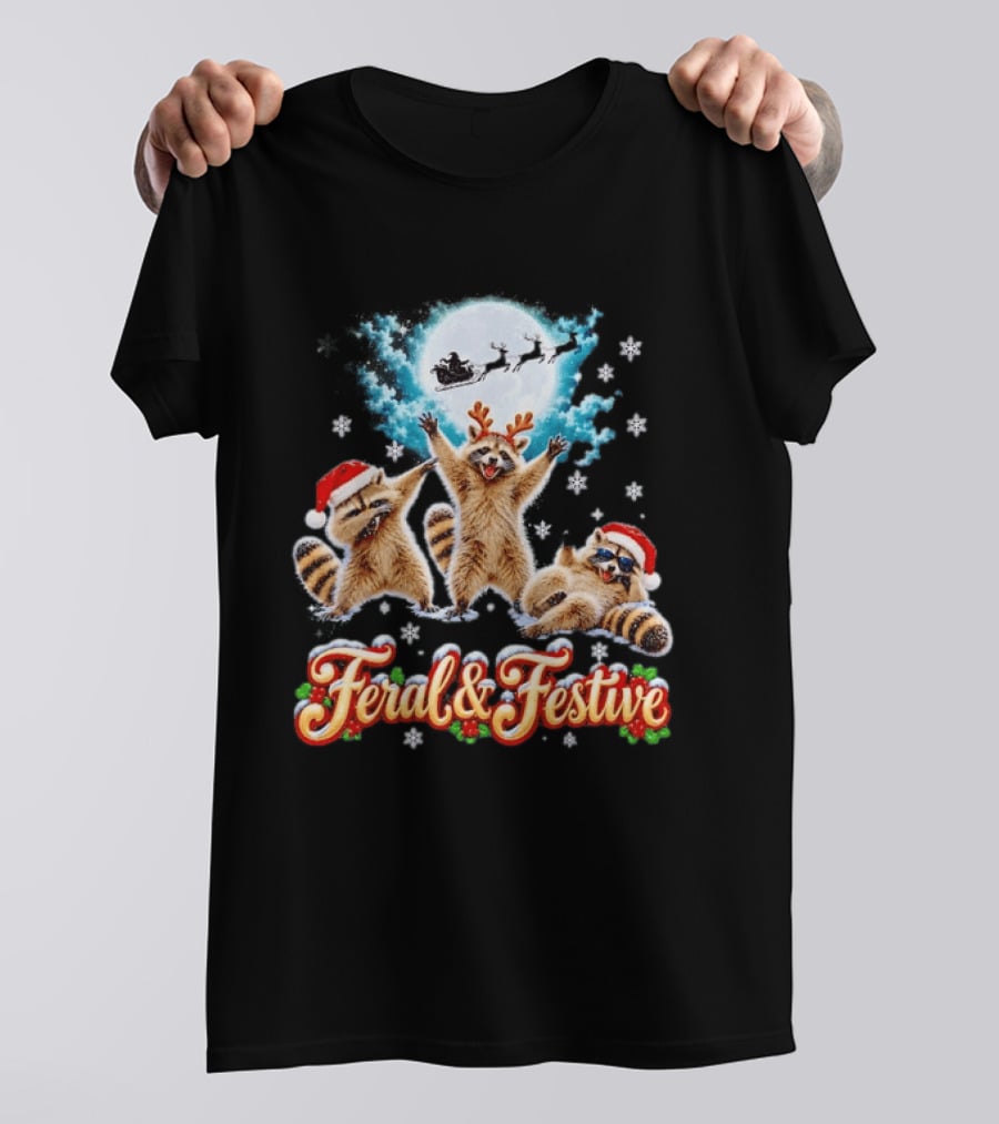 Feral And Festive Raccoons Christmas Holiday Santa And Reindeer T-Shirt