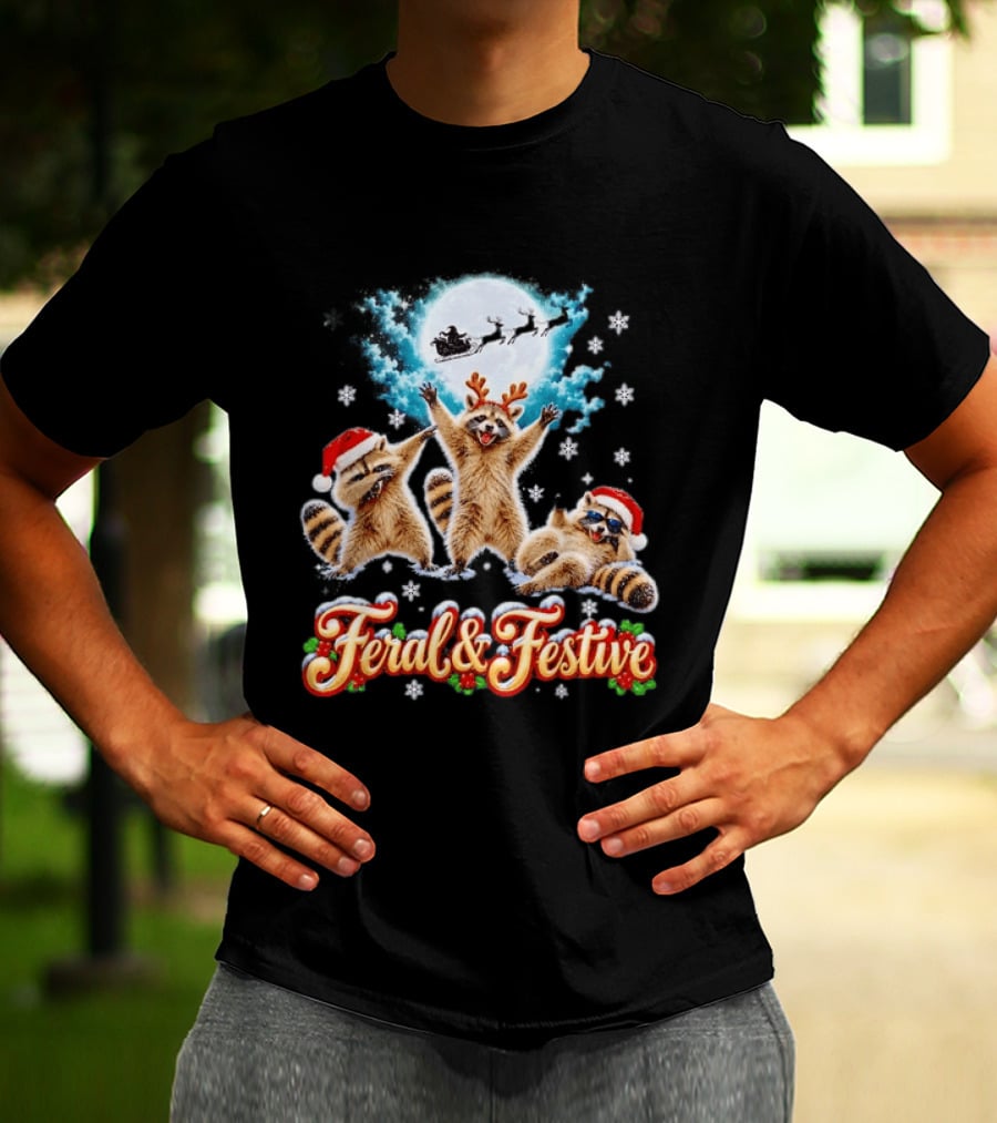 Feral And Festive Raccoons Christmas Holiday Santa And Reindeer T-Shirt