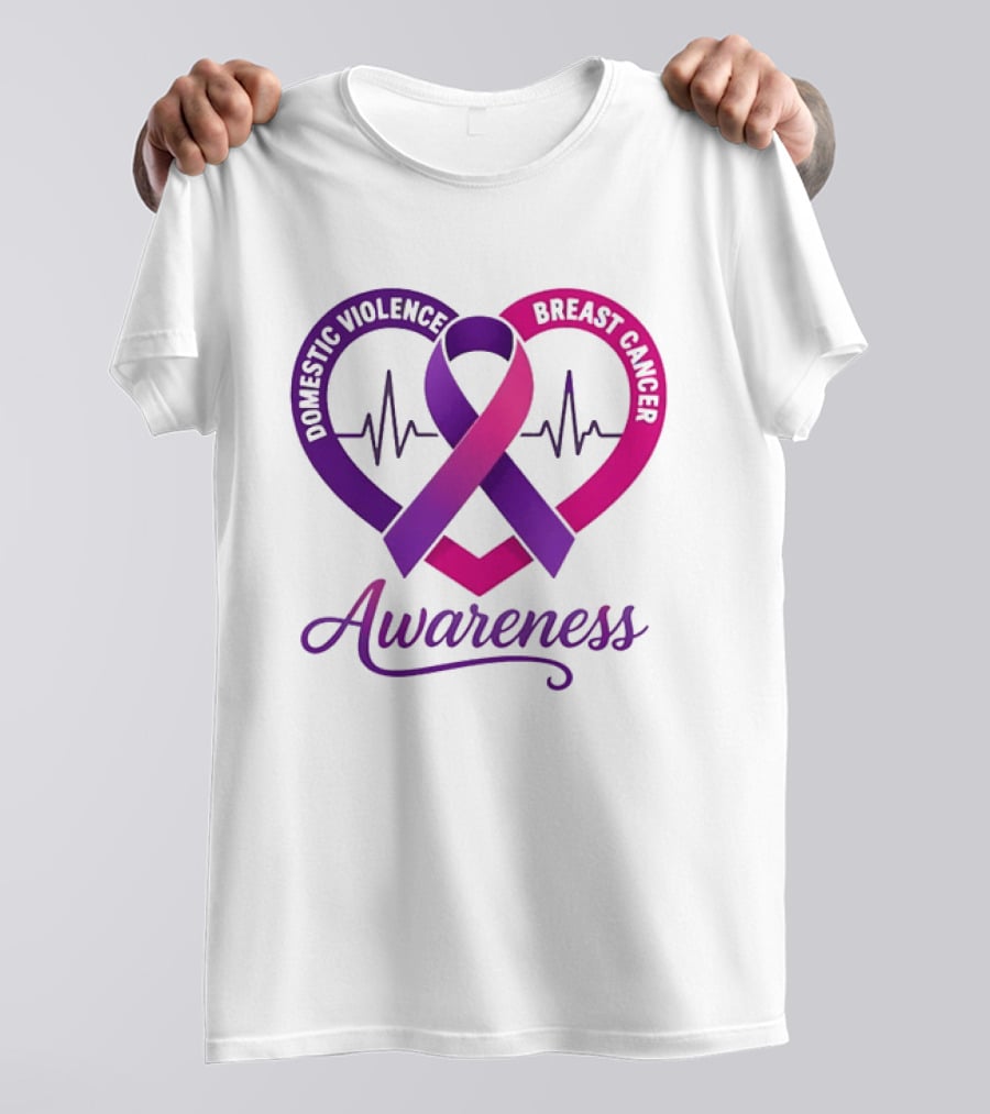 Domestic Violence And Breast Cancer Awareness Heart Ribbon Purple Pink T-Shirt