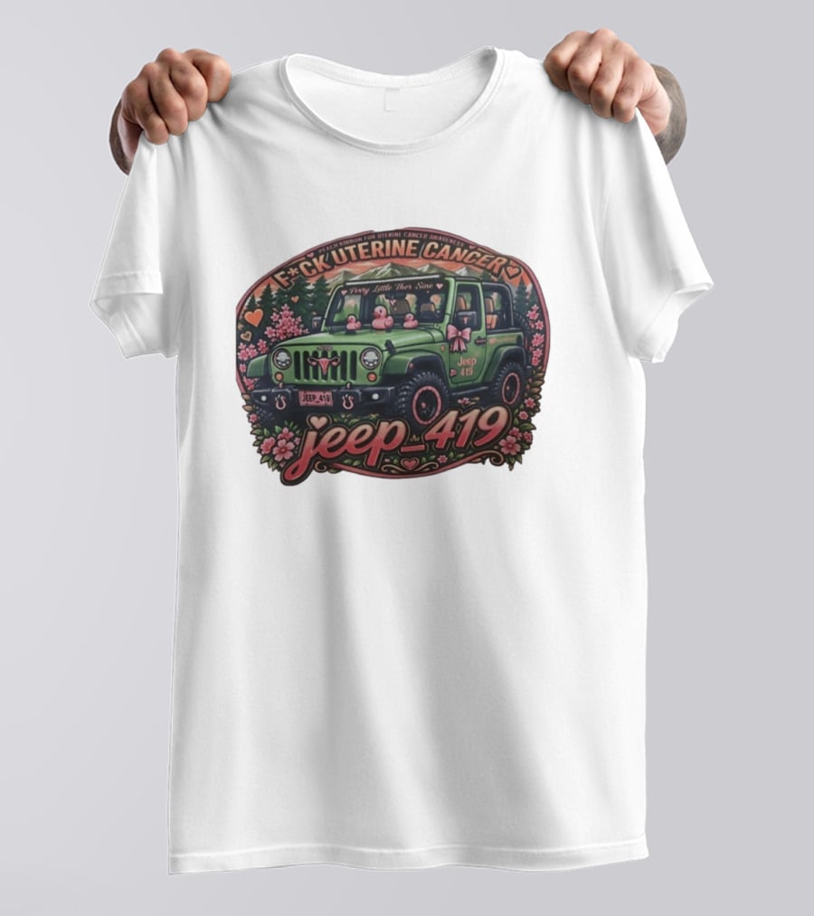 Peach Ribbon Uterine Cancer Awareness Jeep 419 Supportive Message T-Shirt
