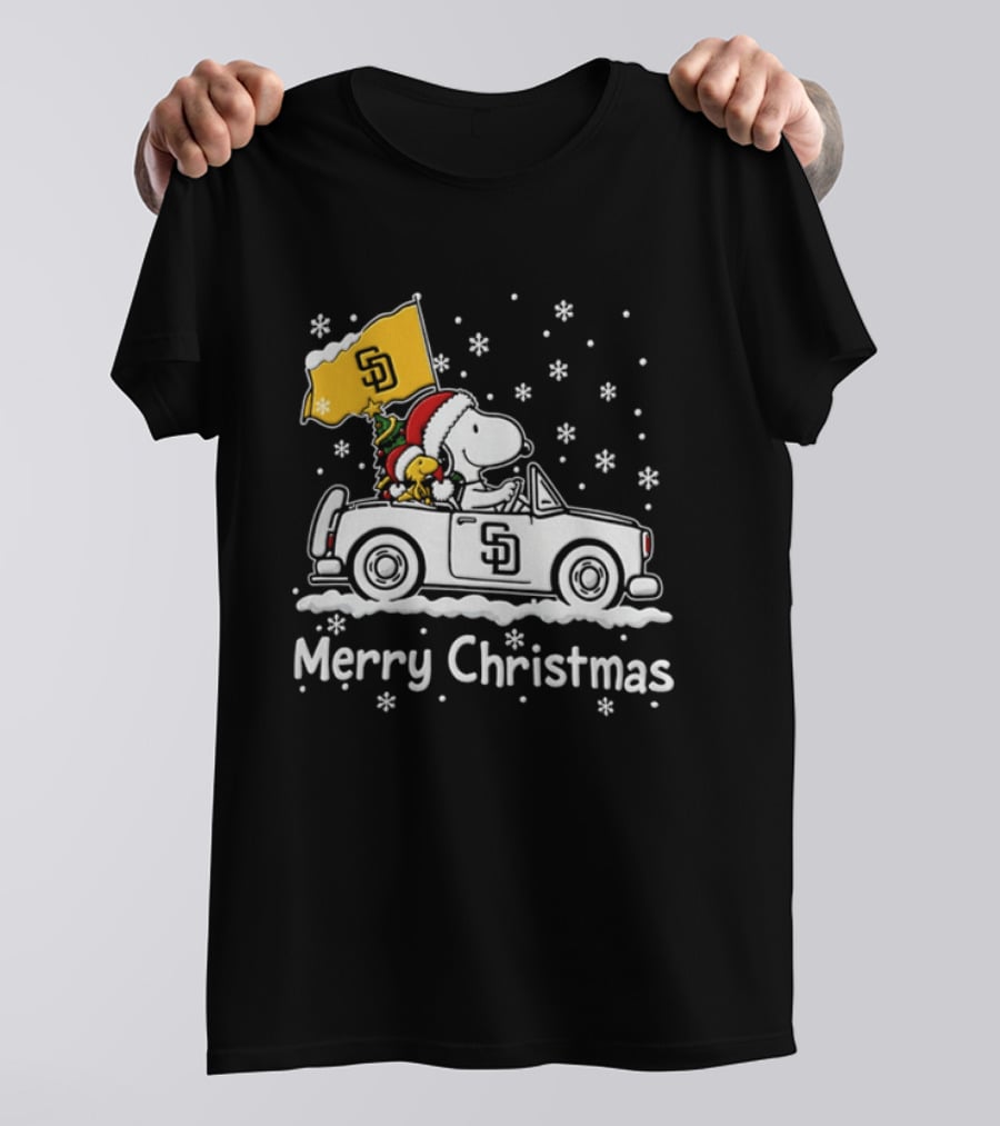 Snoopy And Woodstock Driving San Diego Padres Car Merry Christmas 2026 T-Shirt