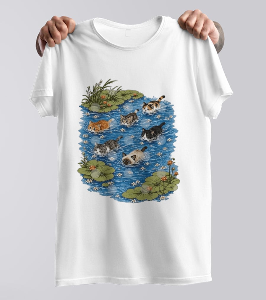 Kittens Swimming Among Water Lilies In Pond Scene T-Shirt