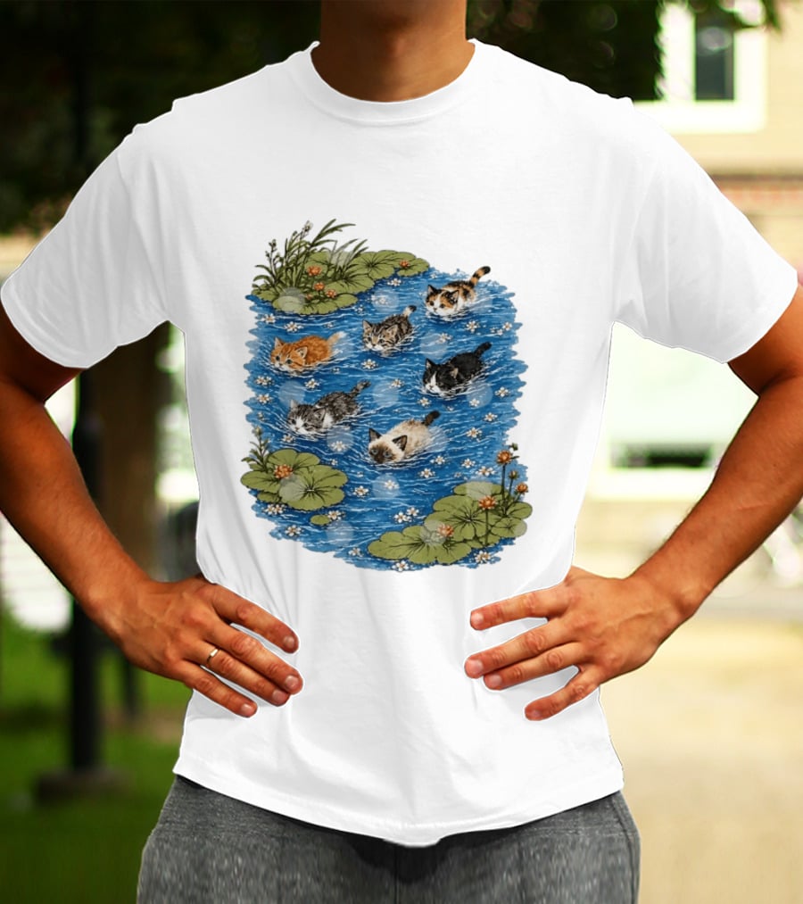 Kittens Swimming Among Water Lilies In Pond Scene T-Shirt