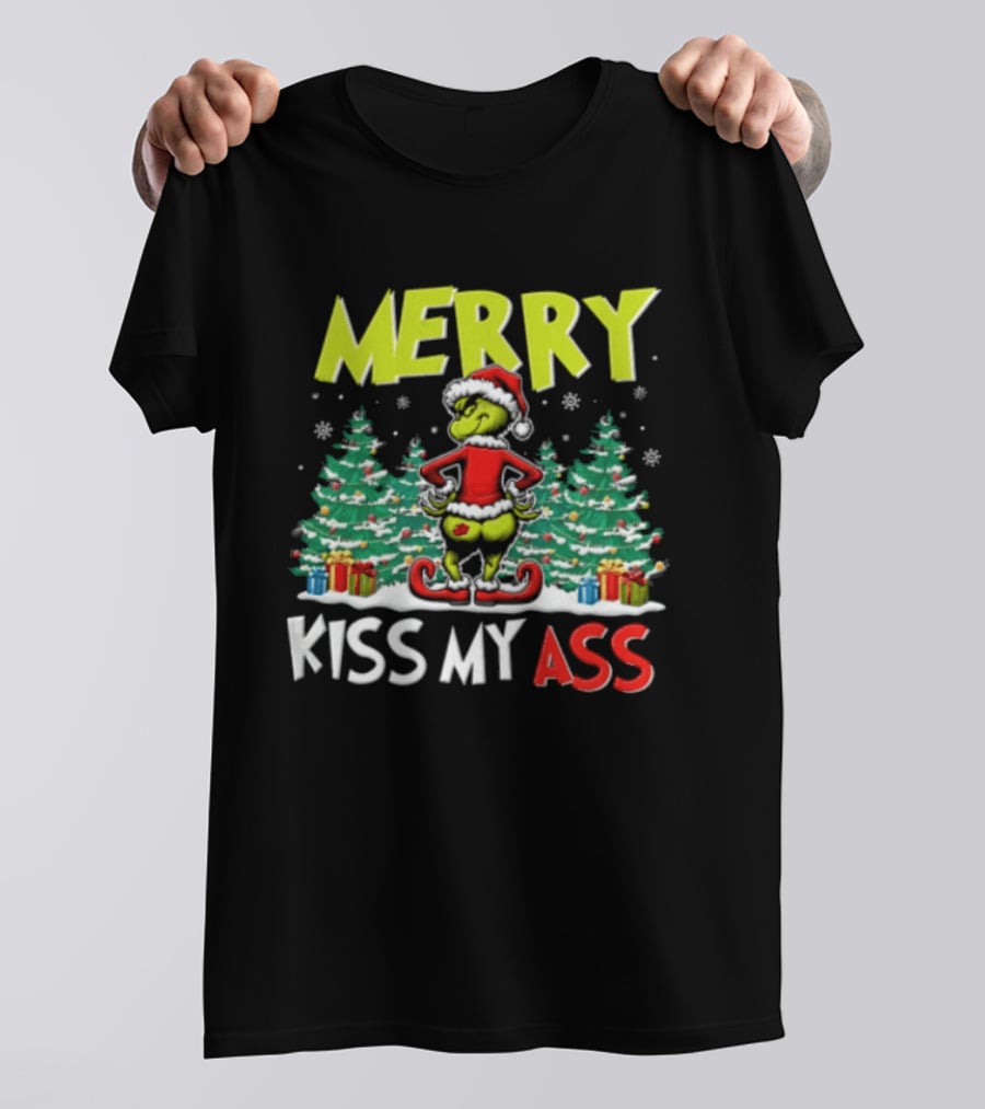 Merry Kiss My Ass Grinch Santa Outfit Mooning Christmas Trees And Gifts T-Shirt