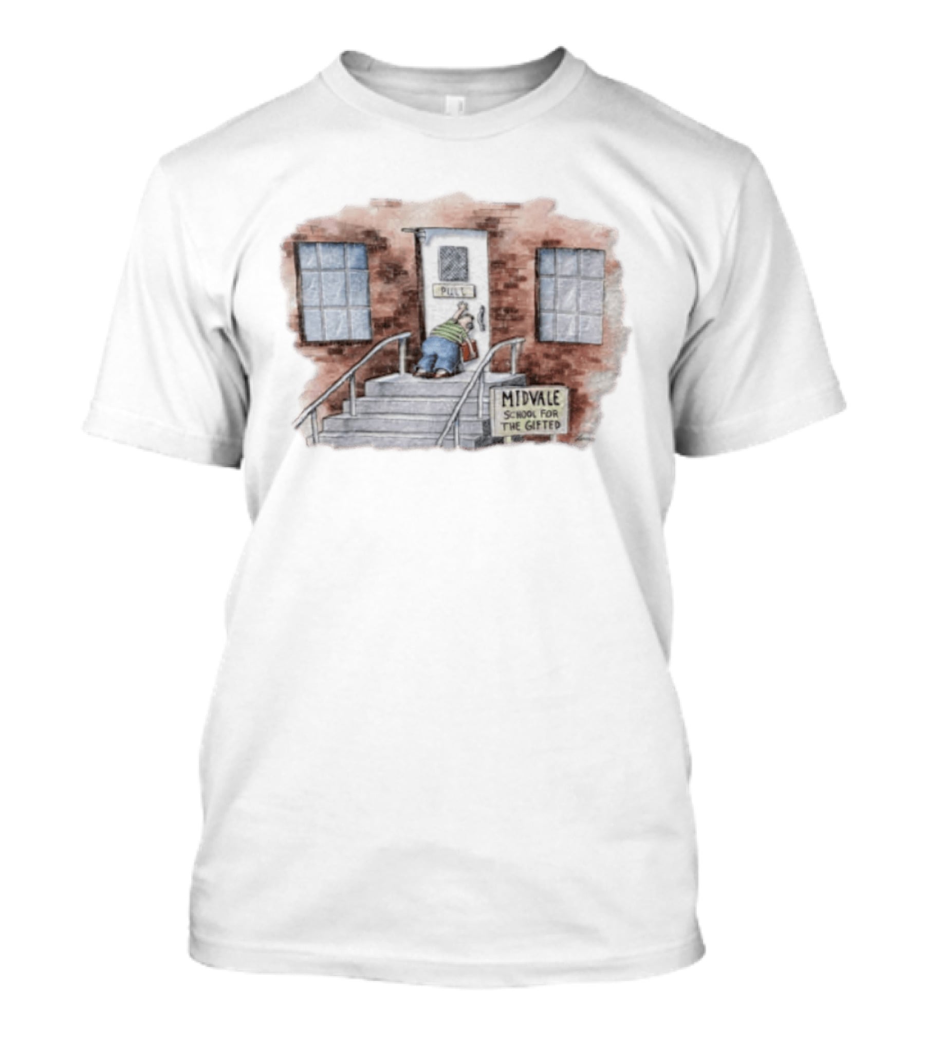Midvale School For The Gifted 1985 Far Side Pull Door Comic T-Shirt