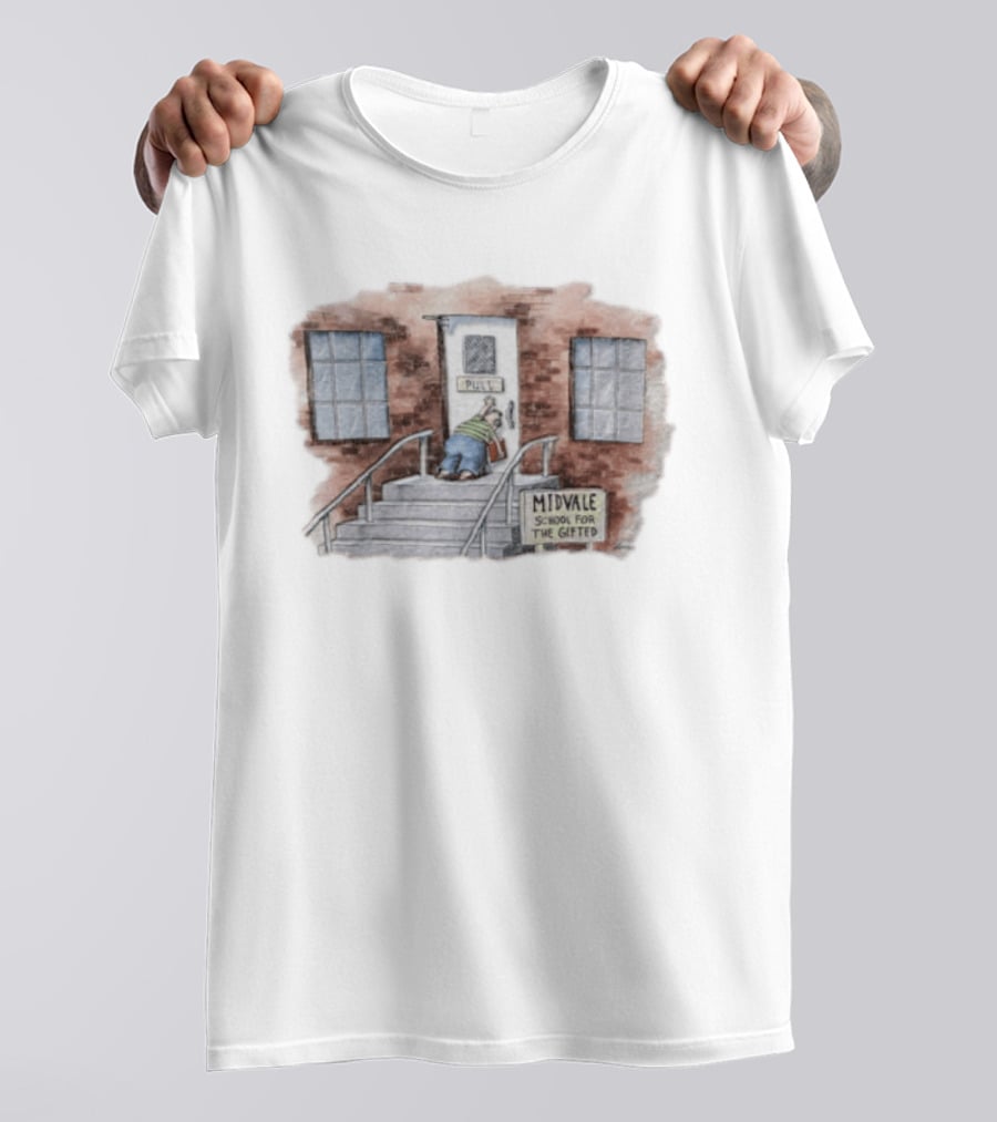 Midvale School For The Gifted 1985 Far Side Pull Door Comic T-Shirt