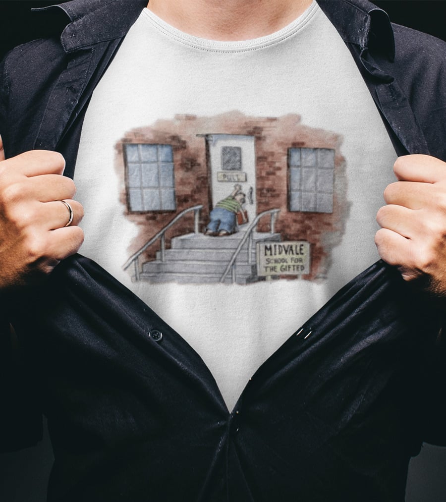 Midvale School For The Gifted 1985 Far Side Pull Door Comic T-Shirt