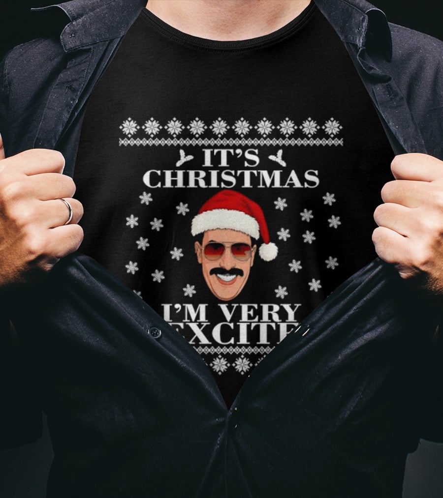 Borat It's Christmas I'm Very Excite Sacha Baron Cohen Santa Hat Ugly Sweater T-Shirt