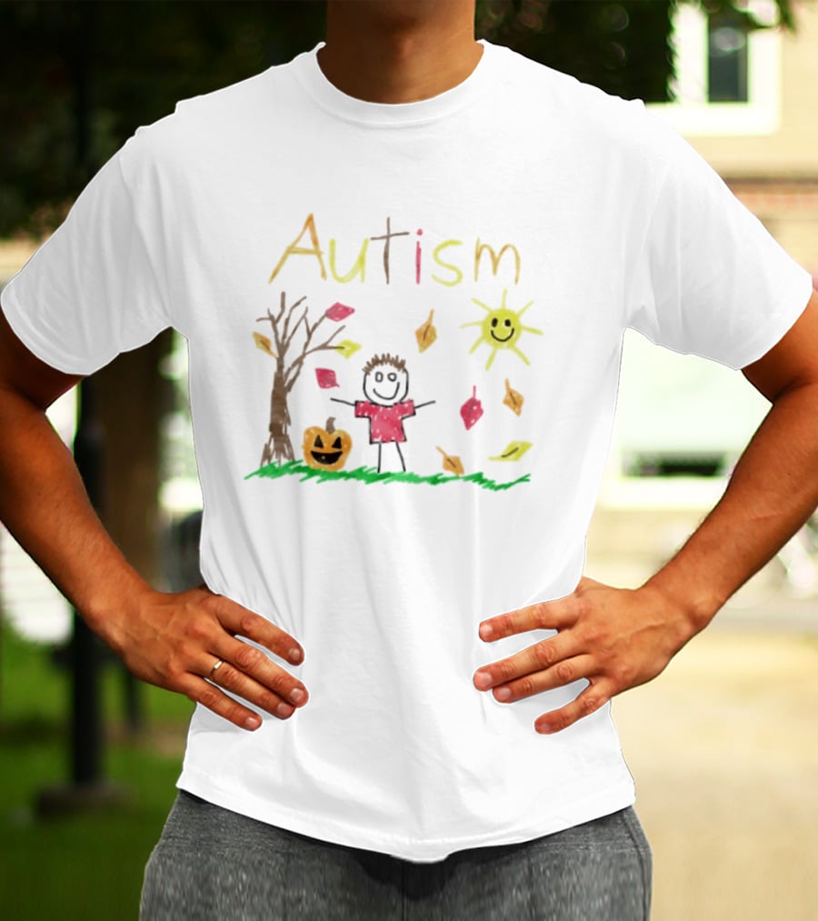 Autism Awareness Child With Pumpkin Autumn Leaves Sun And Tree T-Shirt