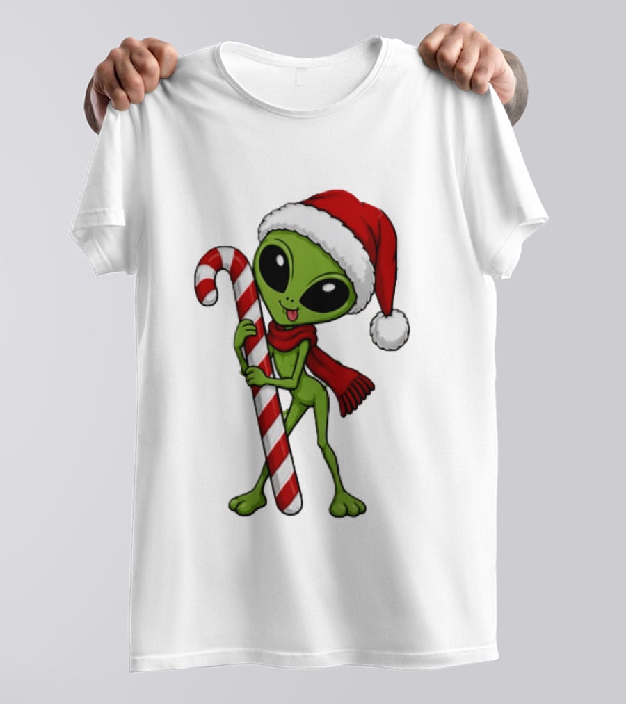 Green Santa Hat Alien With Red Scarf Holding Candy Cane Christmas T-Shirt