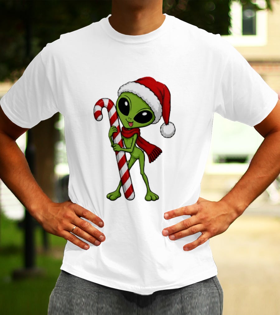 Green Santa Hat Alien With Red Scarf Holding Candy Cane Christmas T-Shirt