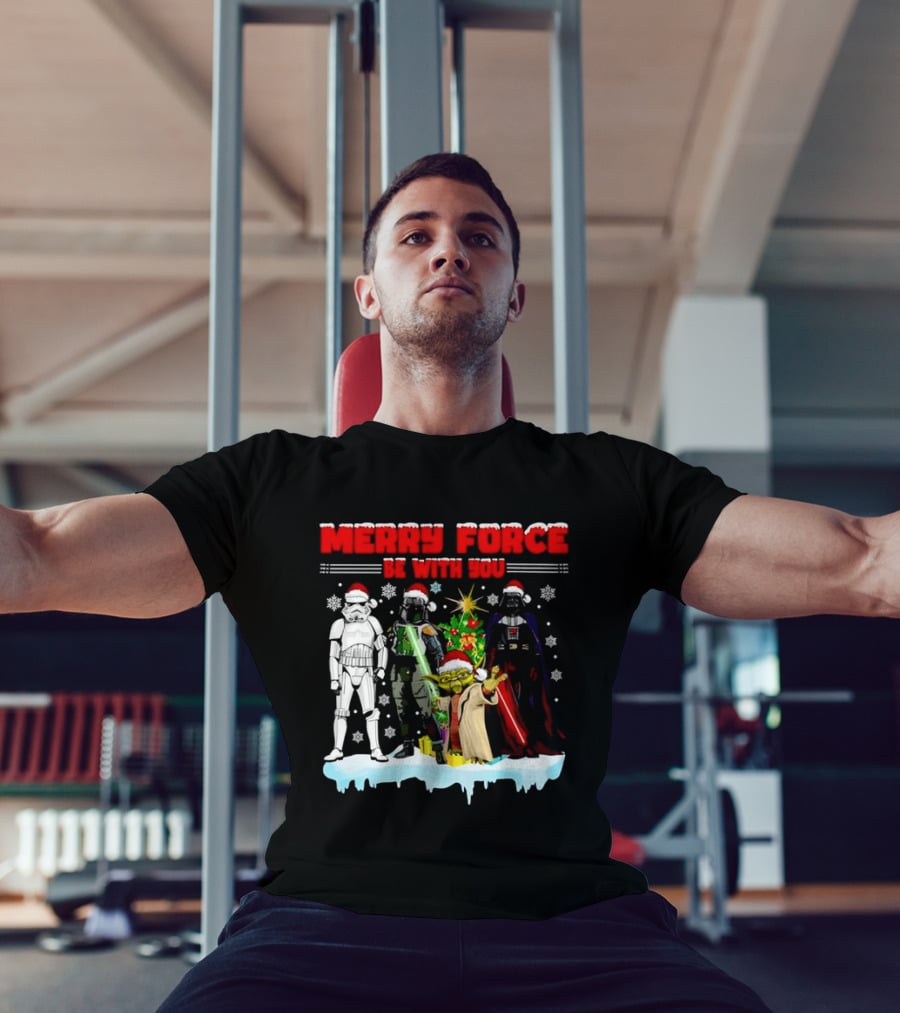 Star Wars Merry Force Be With You Christmas Characters Stormtrooper Yoda Darth Vader Santa Hats T-Shirt