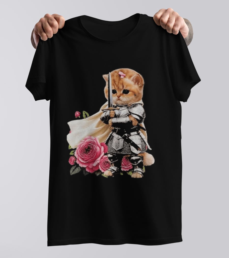 Knight Cat Holding Sword With Roses T-Shirt