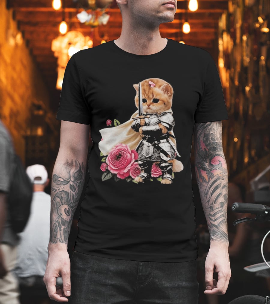 Knight Cat Holding Sword With Roses T-Shirt