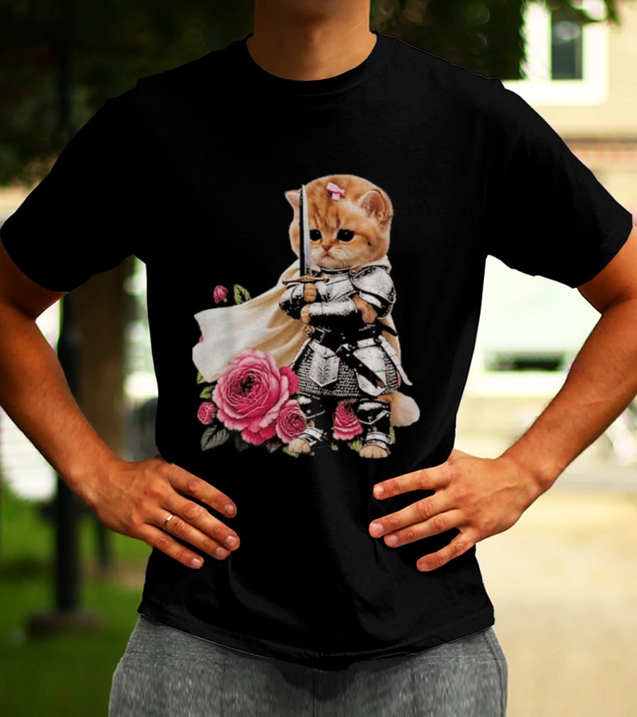 Knight Cat Holding Sword With Roses T-Shirt