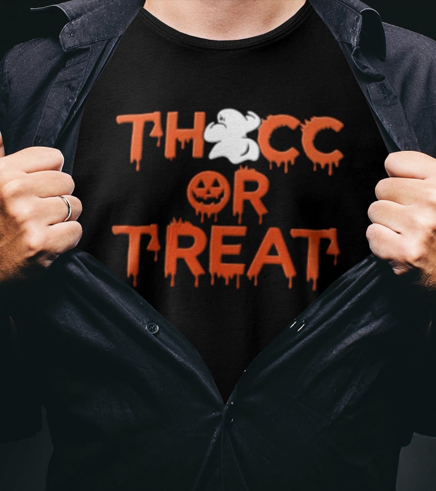 Thocc Or Treat Ghost Jack O Lantern Dripping Font Halloween T-Shirt