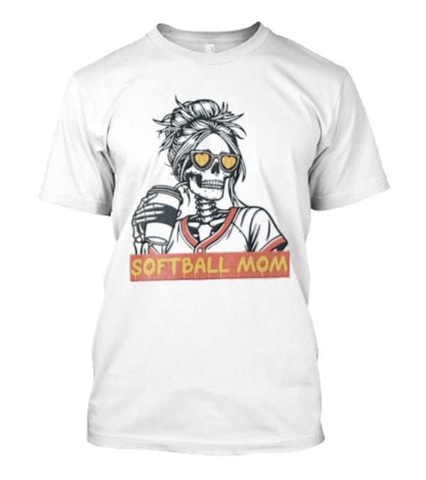 Softball MOM Skeleton Messy Bun Heart Sunglasses Coffee T-Shirt