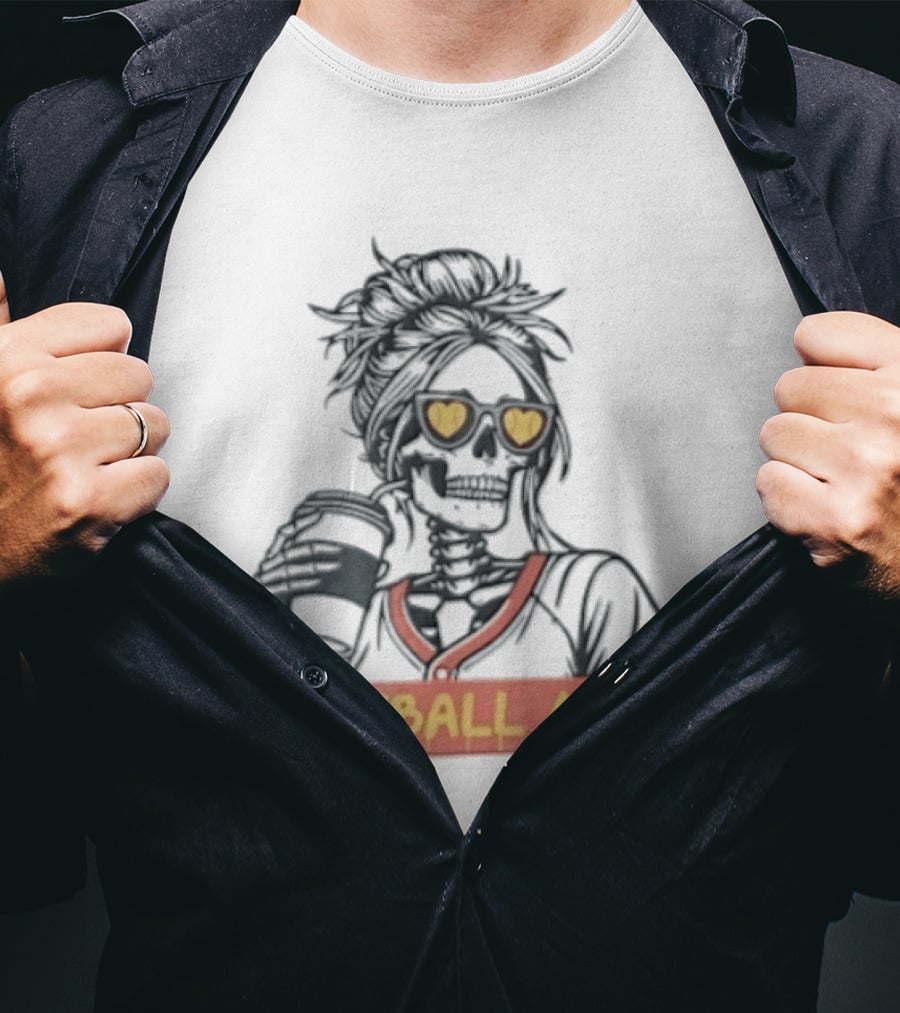 Softball MOM Skeleton Messy Bun Heart Sunglasses Coffee T-Shirt