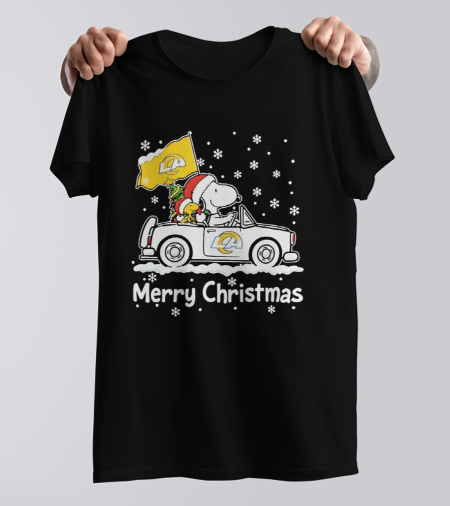 Los Angeles Rams Snoopy Woodstock Merry Christmas Car Holiday T-Shirt