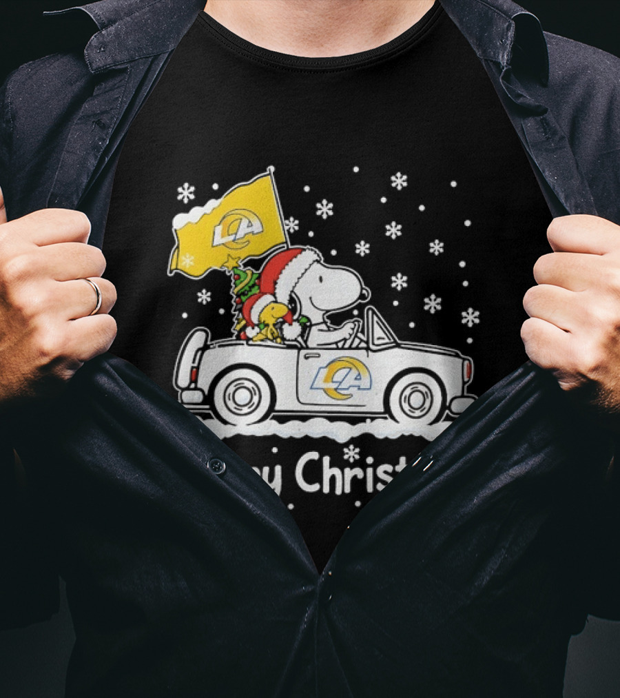 Los Angeles Rams Snoopy Woodstock Merry Christmas Car Holiday T-Shirt