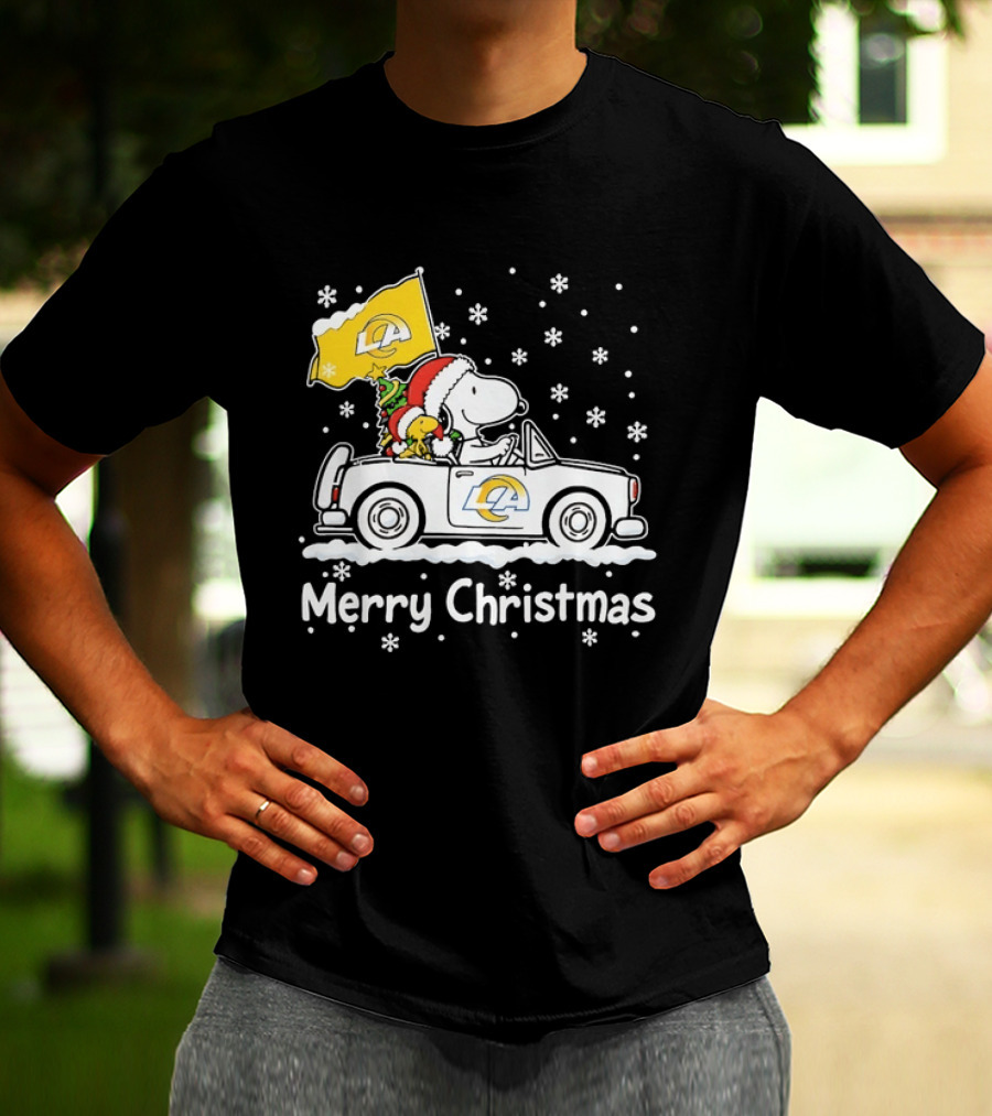 Los Angeles Rams Snoopy Woodstock Merry Christmas Car Holiday T-Shirt