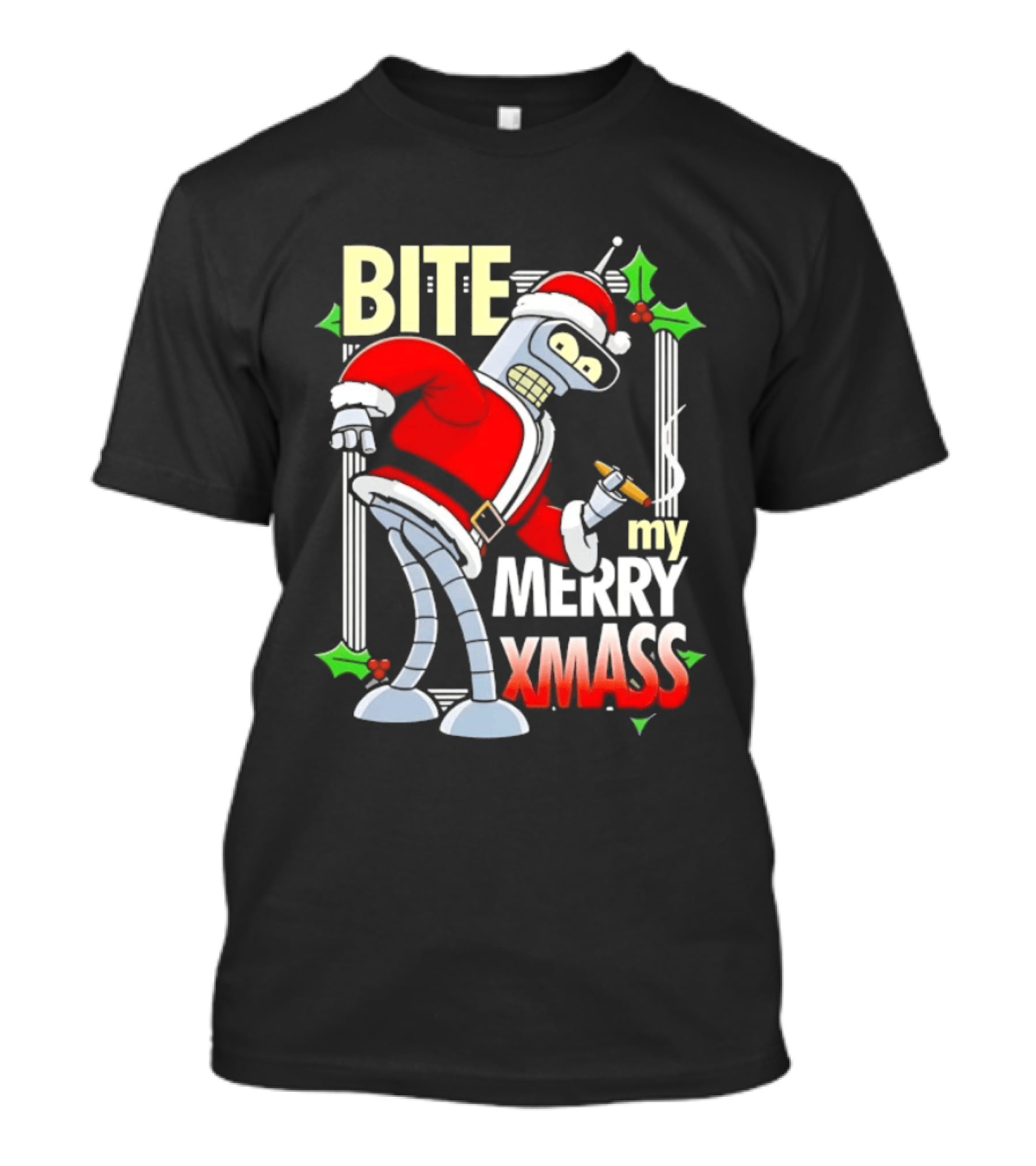 Bender Bite My Merry Xmass Futurama Santa Cigarette Hollys T-Shirt
