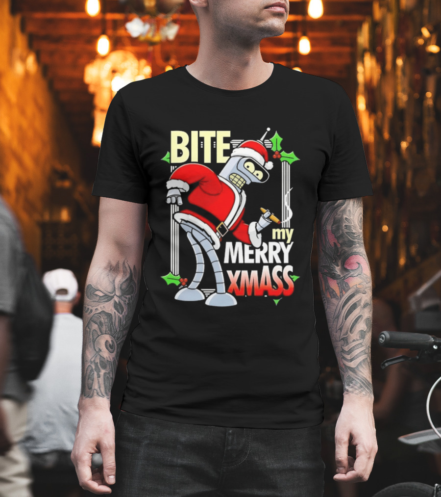 Bender Bite My Merry Xmass Futurama Santa Cigarette Hollys T-Shirt