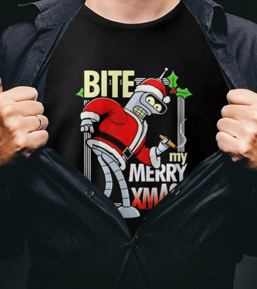 Bender Bite My Merry Xmass Futurama Santa Cigarette Hollys T-Shirt